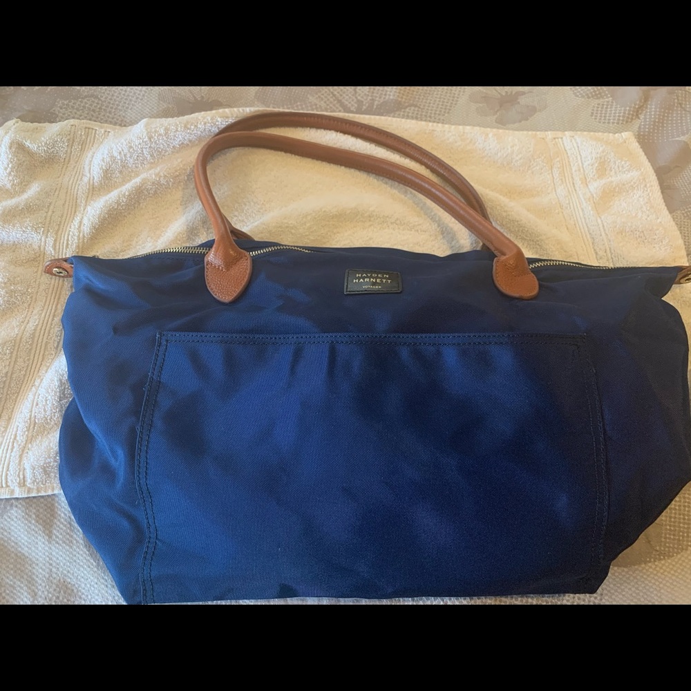 Hayden Harnett navy canvas bag w/leather handles.